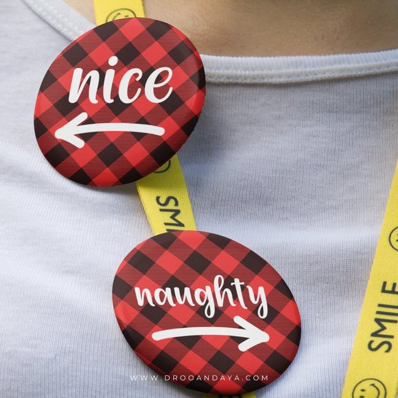 Christmas Naughty or Nice Pinback Buttons Set, Stocking Stuffer - Picture 1 of 1